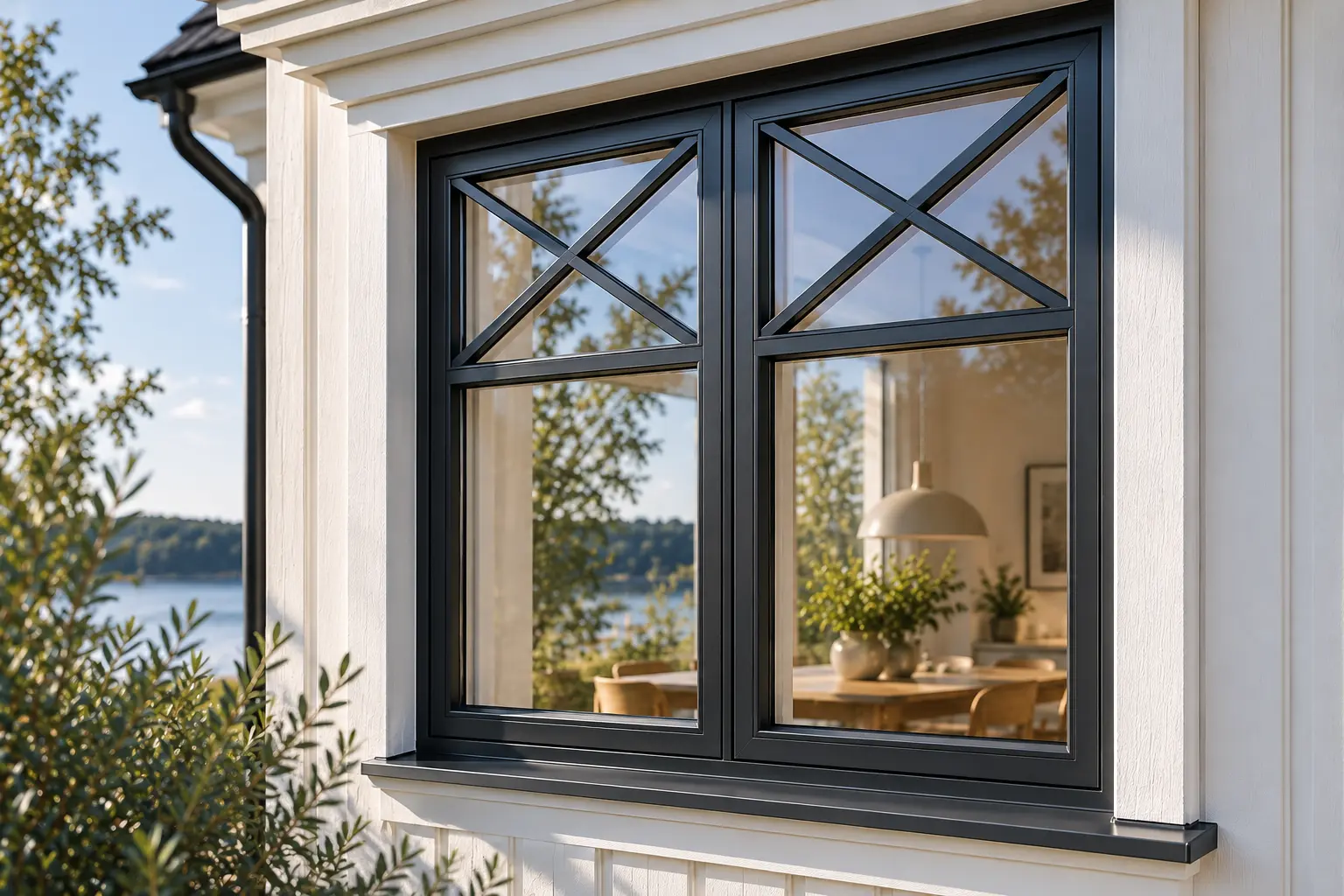 Svart aluminiumfönster med krysspröjs i de övre rutorna